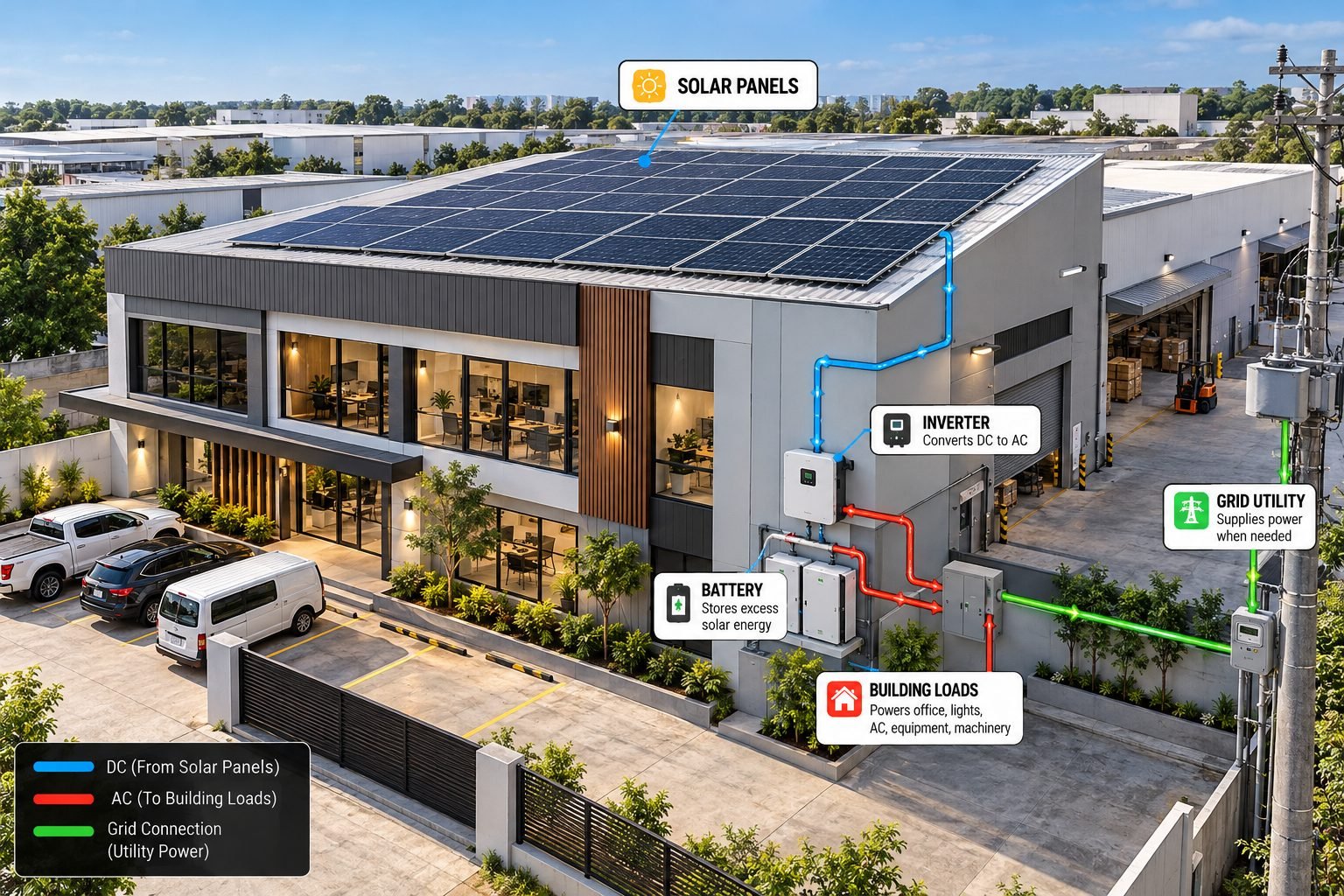 Rooftop solar system on a commercial office and warehouse building