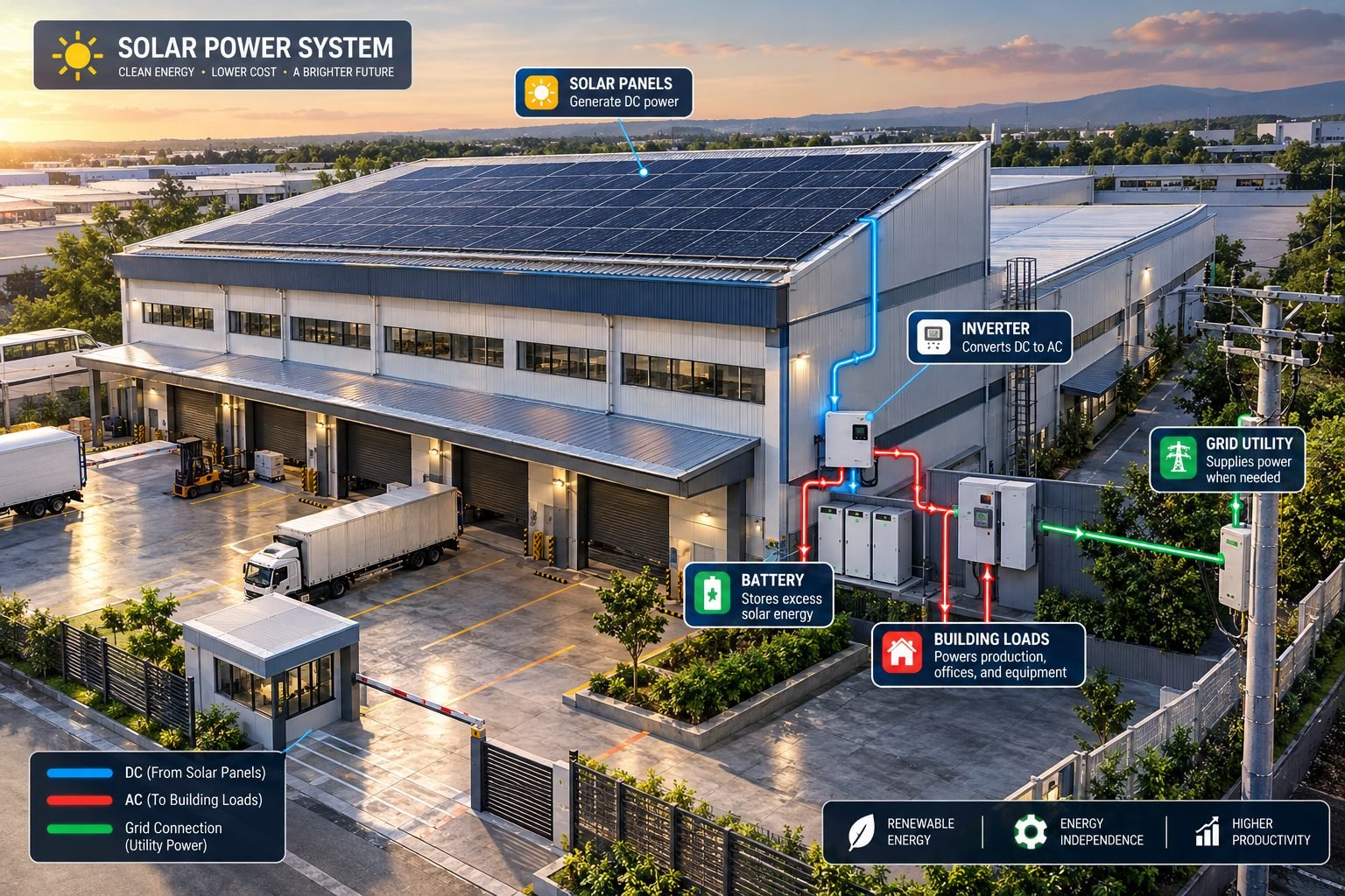 Large rooftop solar array on an industrial warehouse and distribution facility